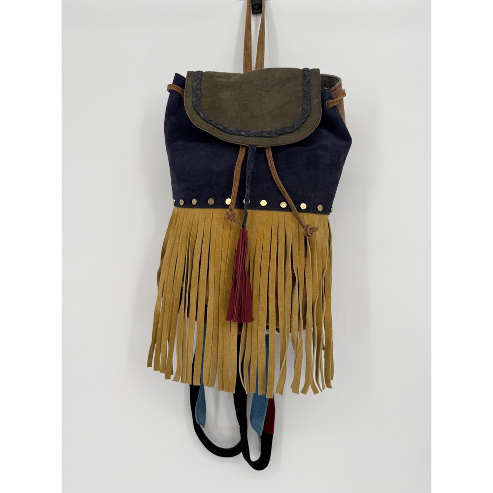 Karma Highway Suede Leather Fringe Backpack Purse Bag Multicolor Boho Hippie